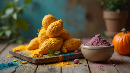 Celebrating the Vibrant Festival of Colors with Traditional Sweets and Festive Powders on Wooden Surface