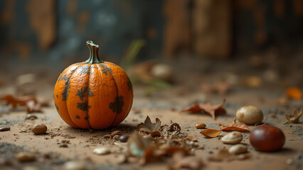 Autumn harvest: capturing the essence of fall with a single pumpkin and scattered leaves