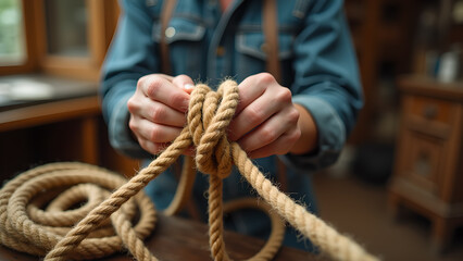 Hands tying a complex knot with a thick, natural fiber rope on a wooden surface