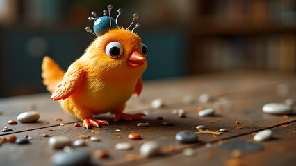 A whimsical orange cartoon chick adorned with a unique crown on a wooden surface