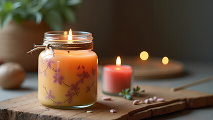 Illuminating Tranquility: A Serene Candlelit Still Life with Floral Accents and Warm Atmospheric Glow