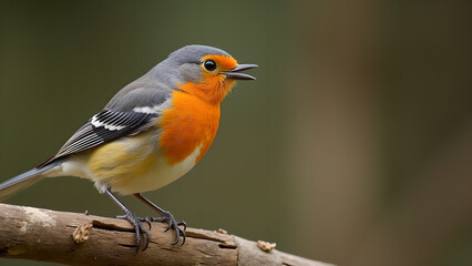 Vibrant orange robin perched delicately on a branch singing amidst a blurred natural background, showing plumage