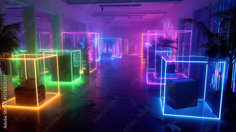Aufkleber immersive environment featuring neon-lit cubes and data flows visualizing virtual reality and blockc