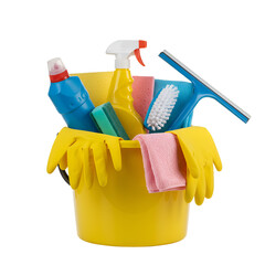 Isolated Still Life of Cleaning Supplies in Yellow Bucket on Transparent