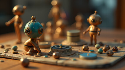 Intriguing gathering of diminutive robot figurines on a rustic game board evokes playful nostalgia