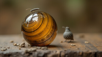 A captivating juxtaposition of life, featuring a beetle perched atop a glass sphere beside a curious bird