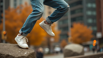 Lifestyle photograph showcasing white sneakers and blue jeans on an urban autumn day background