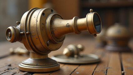 Steampunk aesthetic: Detailed close-up of a vintage brass device against an antique wooden surface adding mystery and intrigue