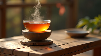 Aromatic steam rising from a glass teacup filled with herbal tea on wooden table at sunrise, creating a peaceful atmosphere