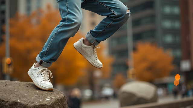 Lifestyle photograph showcasing white sneakers and blue jeans on an urban autumn day background