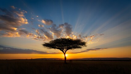 Beautiful african landscape sunset wallpaper with acacia tree silhouette photography