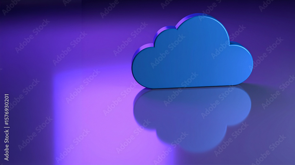 Poster a simple, solid blue three-dimensional cloud icon rests on a smooth, reflective surface with a purpl
