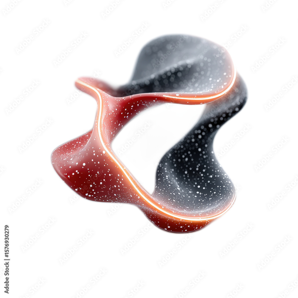 Poster abstract swirling shape with smooth curves and glowing particles, representing creativity and modern