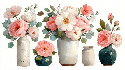 Watercolor pink floral arrangements featuring garden roses and green foliage, perfect hand-painted wedding clipart set for invitations and decor items