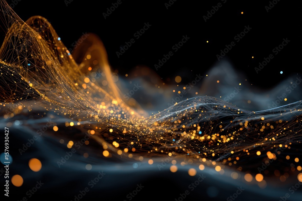 Poster digital wireframe design with glowing elements representing the flow of data in modern ai systems.
