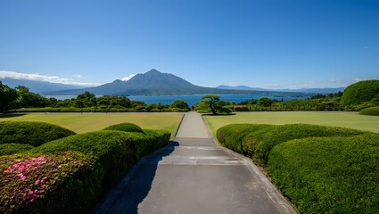 Obraz premium Explore japanese garden with mountain view, serene landscape, nature photography and travel guide