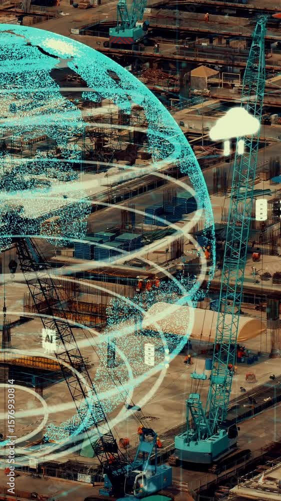 Poster construction technology concept with alteration graphic over construction site showing concept of au