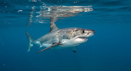 Naklejka premium Apex predator, a great white shark, captured gracefully swimming in its natural habitat.