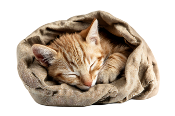 Cute ginger kitten sleeping soundly in a cozy fabric pouch.