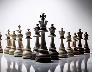 Fototapeta premium Array of Chess Pieces on White Background - Strategy & Intellectual Game