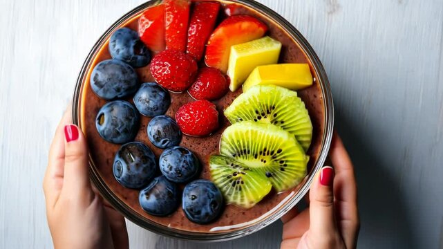 Colorful fruit parfait in a bowl, healthy breakfast, bright wooden surface