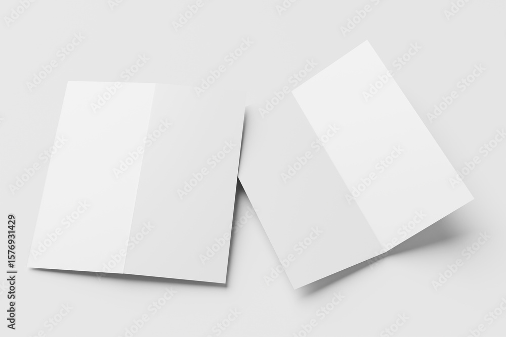 Poster plain white bi-fold brochure mockup from front and back isolated on light grey background
