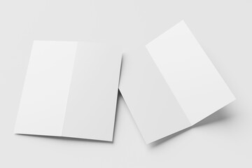 Plain white bi-fold brochure mockup from front and back isolated on light grey background