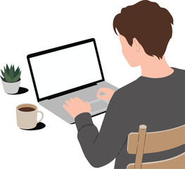 Businessman working on a laptop with a screen displaying technology concepts in an office setting