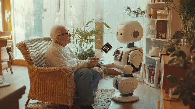 Elderly man interacts with a home robot assistant