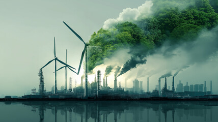 Surreal image depicting contrast between industrial pollution and renewable energy, with wind turbines and smoke blending into lush green forest, symbolizing energy transition