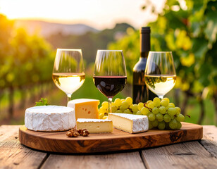 Elegant firefly wine and cheese setup vineyard outdoor dining experience serene environment evening ambiance