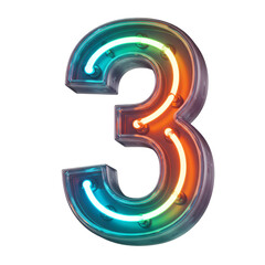 Isolated Three Number Glowing Neon Sign on Transparent Background