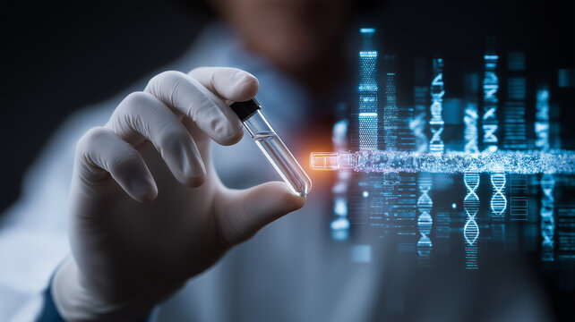 Scientist in lab coat holds test tube, symbolizing precision medicine and diagnostics. background features digital DNA sequence, representing omics and advanced genetic research