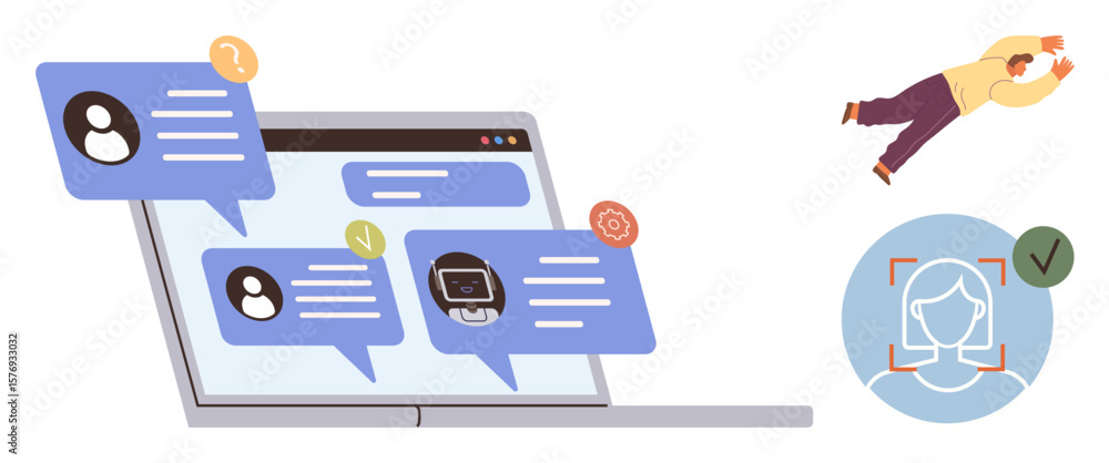 Poster chat messages, verified user, ai bot feedback, man enjoying interaction, facial recognition icon. id
