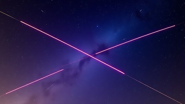 Double-exposure night sky with intersecting vibrant meteor trails, representing celestial events.