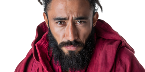 Close up portrait of a serious man with a beard and red robe.