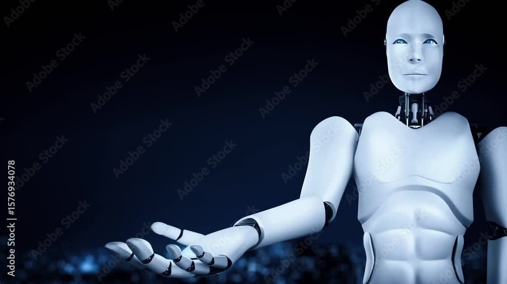 Poster ai hominoid robot holding hologram screen shows concept of global communication network using artifi