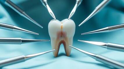 Dental tools in protective circle around aging tooth under clinical light