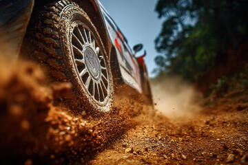 Close-up of rally car tire kicking up dirt on a rural track during a time trial 
