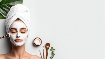 Woman receiving facial treatment, overhead view