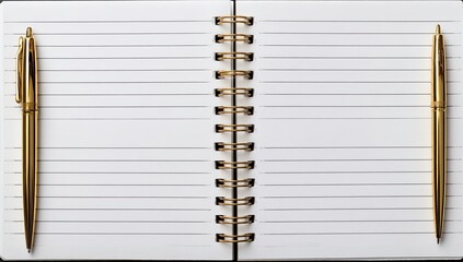Open spiral-bound notebook with gold pens