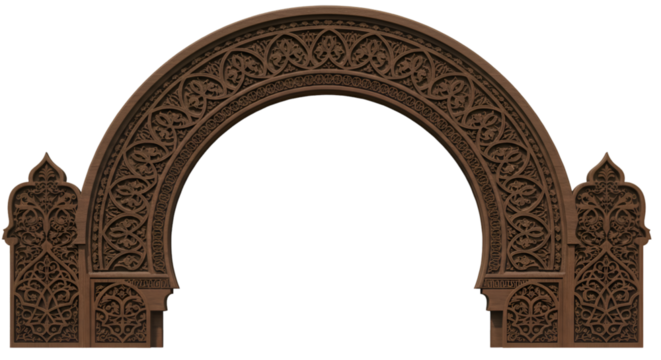 Isolated Transparent Ornate Arch with Carved Stone and Brown Details