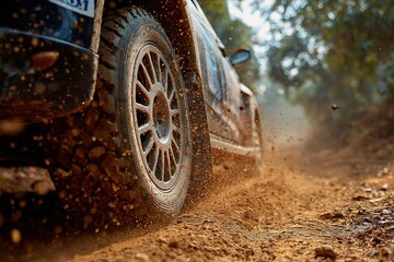 Close-up of rally car tire kicking up dirt on a rural track during a time trial 