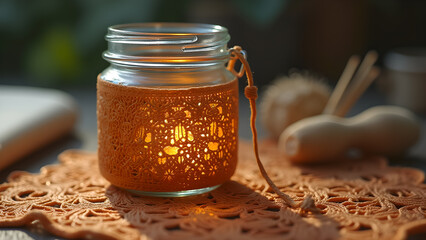 Warm glow of homemade candle holder illuminating a delicate crocheted table mat enhancing cozy atmosphere