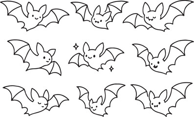 Cute Halloween line art set with ghosts, witch hats, potions, candies, bats, skulls & webs in minimal thin vector style, ideal for stickers, patterns, and spooky season clipart packs
