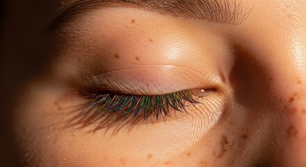 Closed Eye Macro with Multicolored Iridescent Eyelashes on Freckled Skin