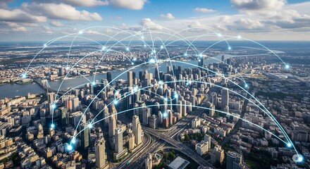 aerial view of a bustling cityscape is overlaid with a digital network of interconnected lines and glowing nodes, vividly illustrating global communication, connectivity, and the concept of smart citi