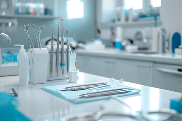 歯科医院の診療室で準備された歯科器具とクリーンな作業空間