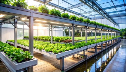 Modern greenhouse with hydroponic lettuce