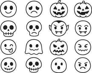 Cute Halloween line art set with ghosts, witch hats, potions, candies, bats, skulls & webs in minimal thin vector style, ideal for stickers, patterns, and spooky season clipart packs